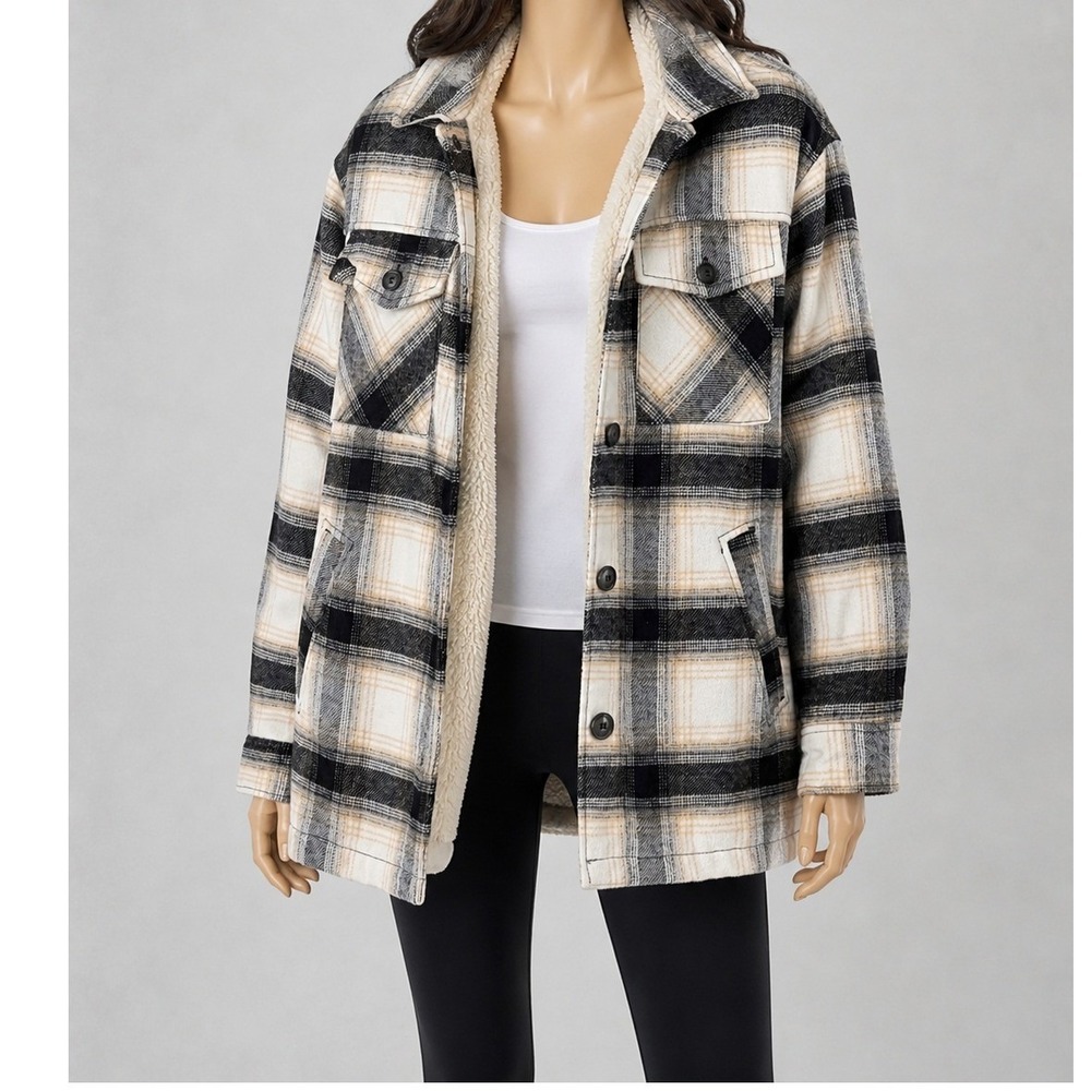 Brooklyn Karma Womens Shacket Plaid Sherpa Lined‎ Black White Tan Large